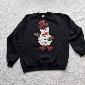 Vintage Snowman Christmas Sweatshirt Black Mens Ex Large Stitched Fabric Buttons